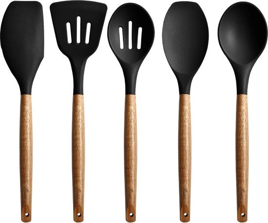 Kit di rivestimento antiaderente in silicone per pentole con manico in legno di acacia naturale, resistente a elevate temperature.