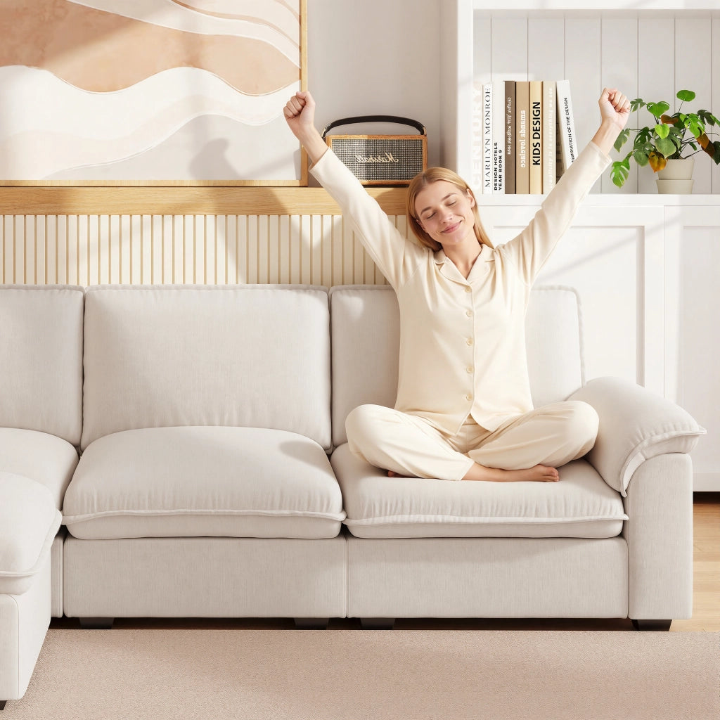 Divano angolare modulare 4 posti con ottomana configurabile cuscini di supporto design ergonomico in chenille beige