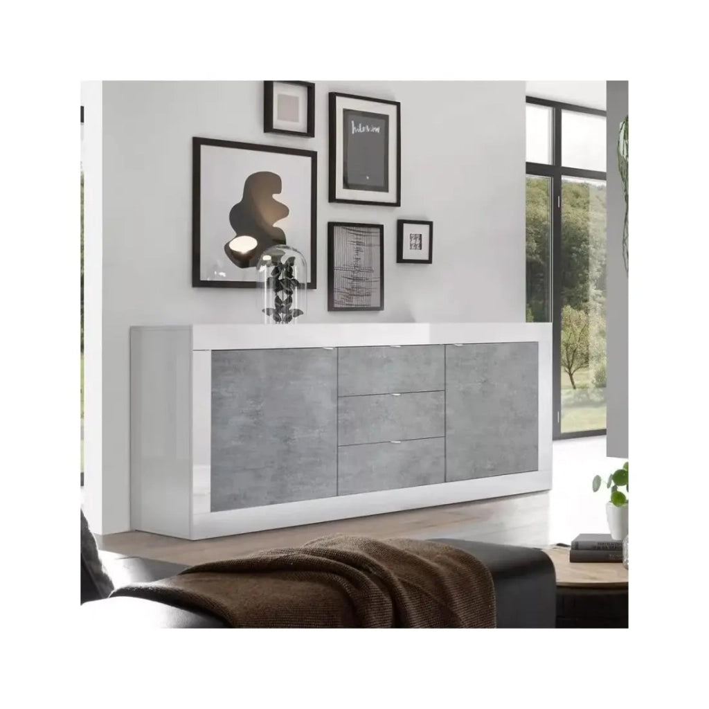 Buffet 2 porte e 3 cassetti, collezione ISORA, colore bianco e grigio effetto cemento