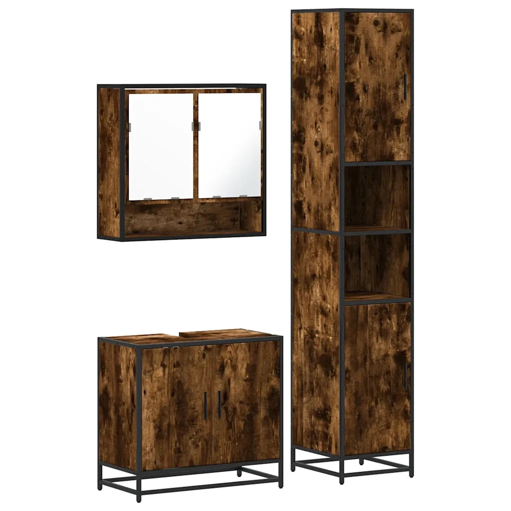Set Mobili da Bagno 3 pz Rovere Fumo in Legno Multistrato 3301097