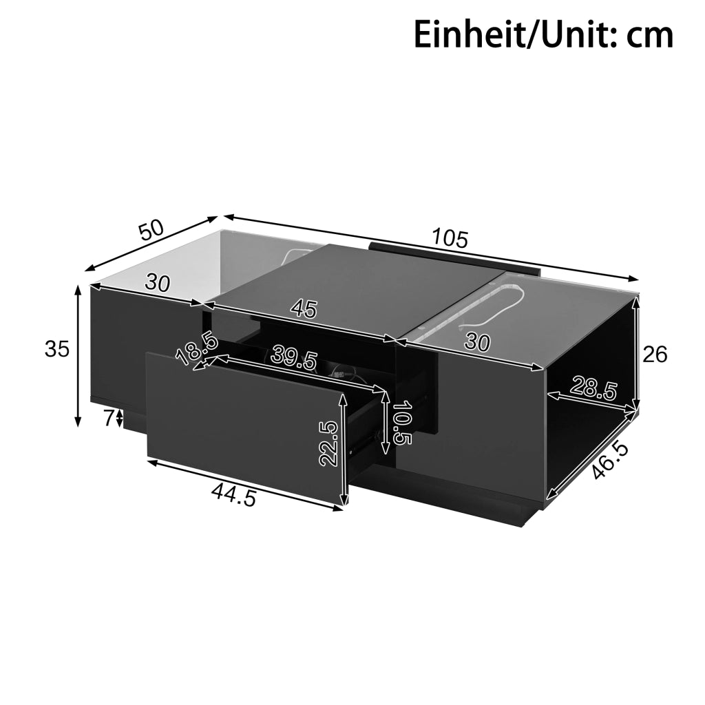 Tavolino da Caffè con 2 Cassetti e 2 Vani Aperti con LED Bluetooth; Piani in Vetro; Lucido e Opaco; 105×50×35 cm; Nero