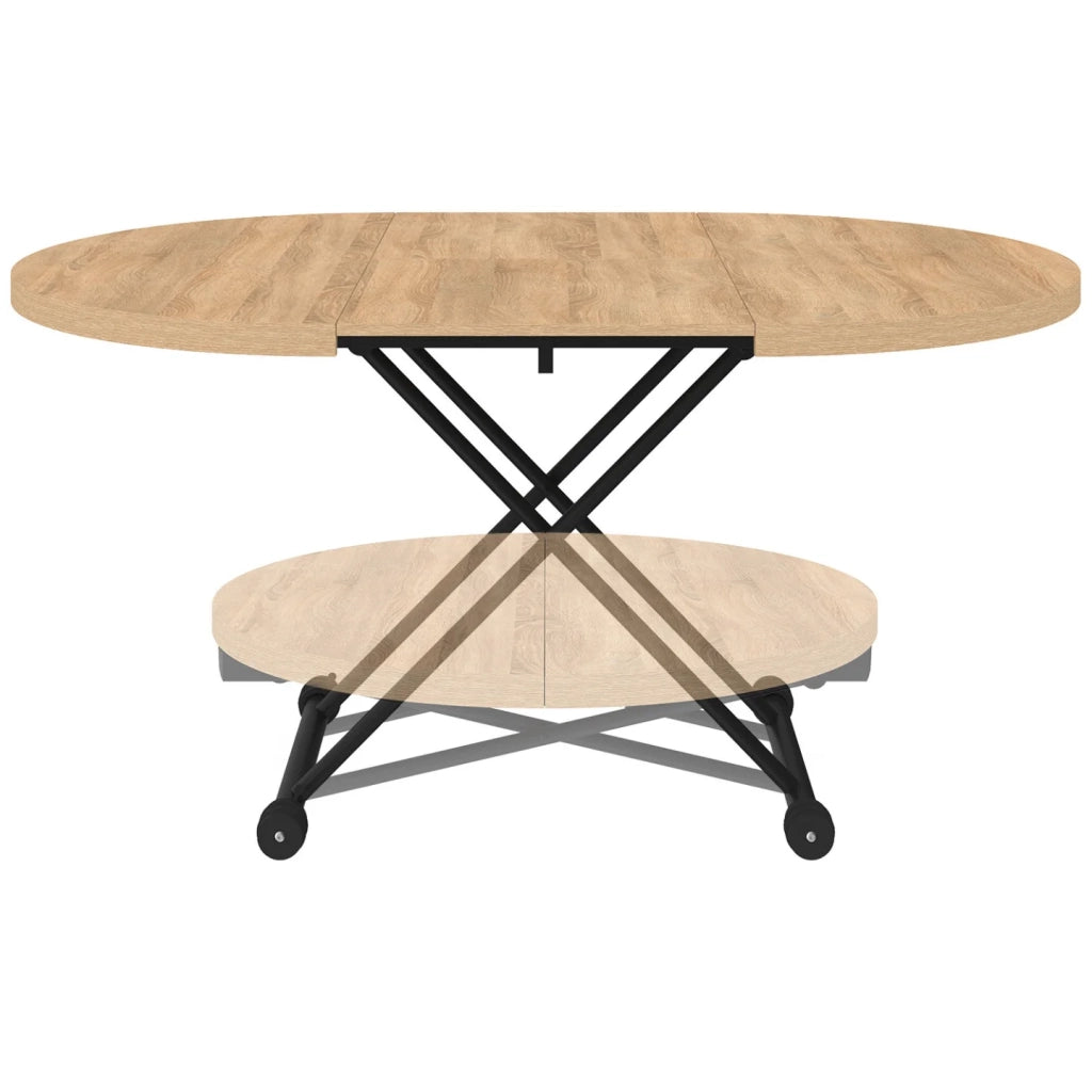IDMarket - Tavolino ALTURA, allungabile e trasformabile in tavolo da pranzo rotondo, con piano in faggio e gamba nera dal design industrial