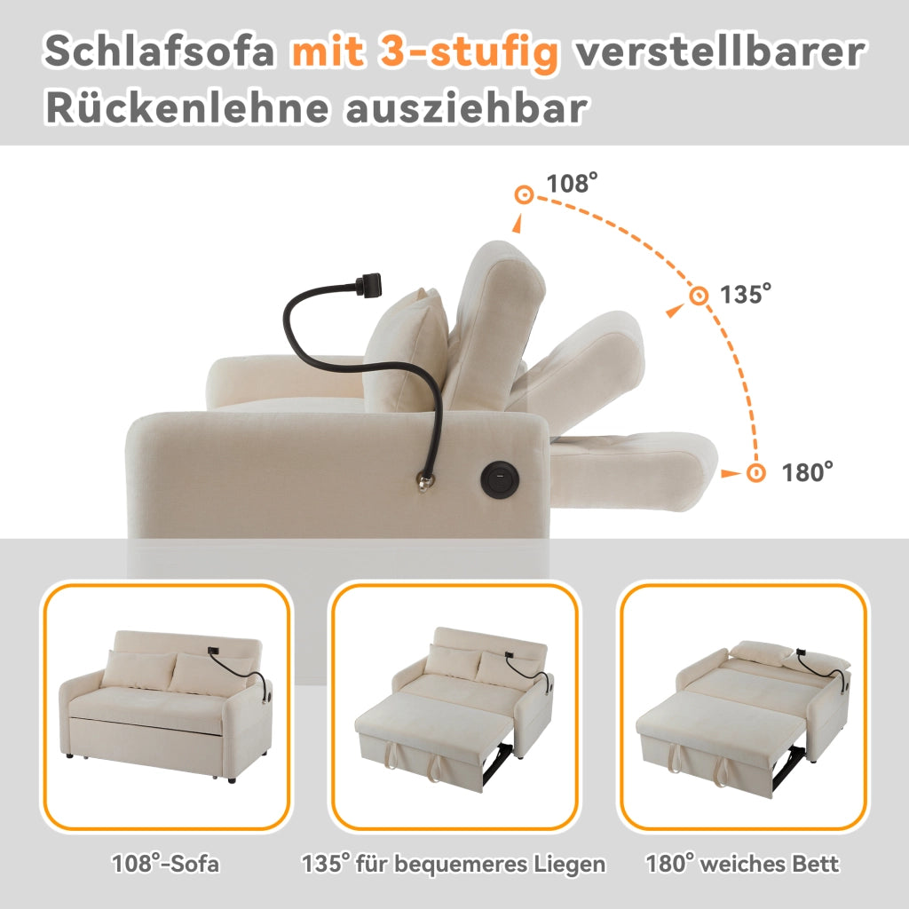 Divano Letto 2 Posti con Schienale Regolabile; USB; Supporto per Telefono e Tasche Laterali Beige