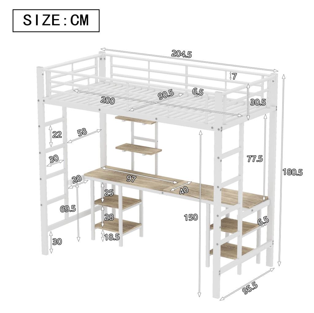 Letto a soppalco 90x200 cm in metallo bianco con scrivania e ripiani