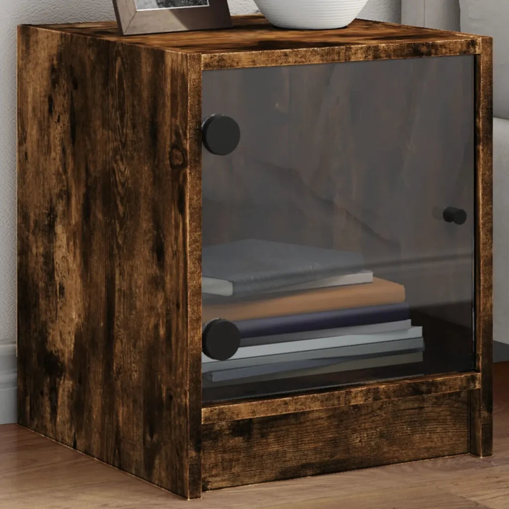 Comodino | Armadio da Notte | Mobiletto da notte con Anta in Vetro Rovere Fumo 35x37x42 cm