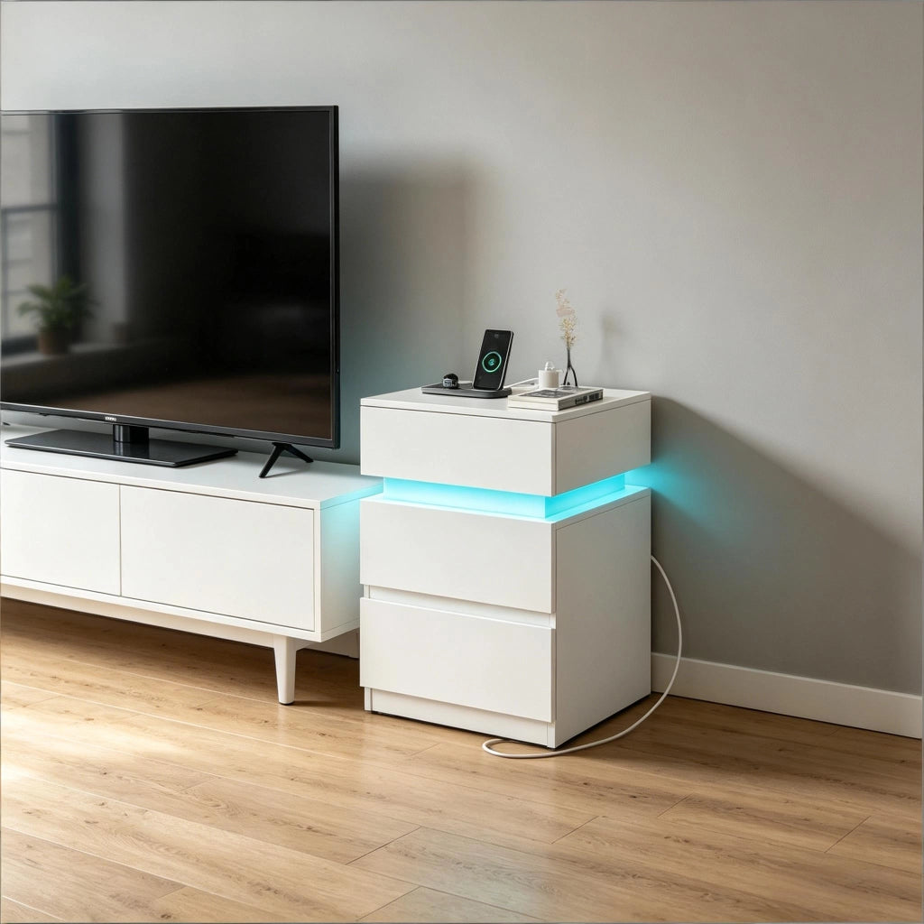 Comodino con LED e stazione di ricarica 2 cassetti e vano a ribalta per camera da letto bianco 35 × 40 × 55 cm