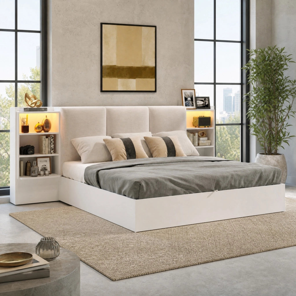 Letto Contenitore 180 x 200 cm - 6 Vani; LED Regolabile e Testiera Imbottita - Bianco