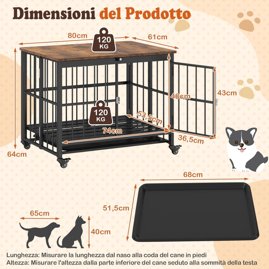 Cuccia Pieghevole per Cani, Casetta Resistente alle Masticazioni con Porta e Ruote Bloccabili per Razze Piccole, Cuccia Decorativo da Interno per Animali Domestici (80 x 61 x 64 cm)
