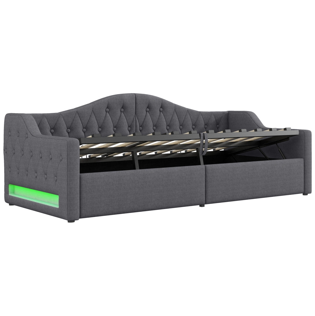 Letto 90x200 cm con contenitore e LED in MDF; multistrato e imbottito grigio