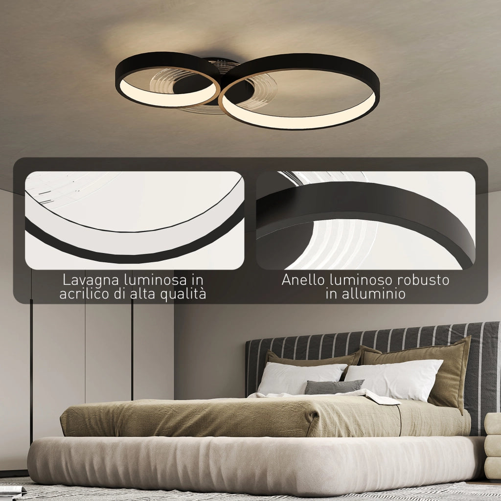 Plafoniera LED Moderna a 3 Anelli 59x8x7,4 cm Potenza 40W in Alluminio e Acrilico Nero