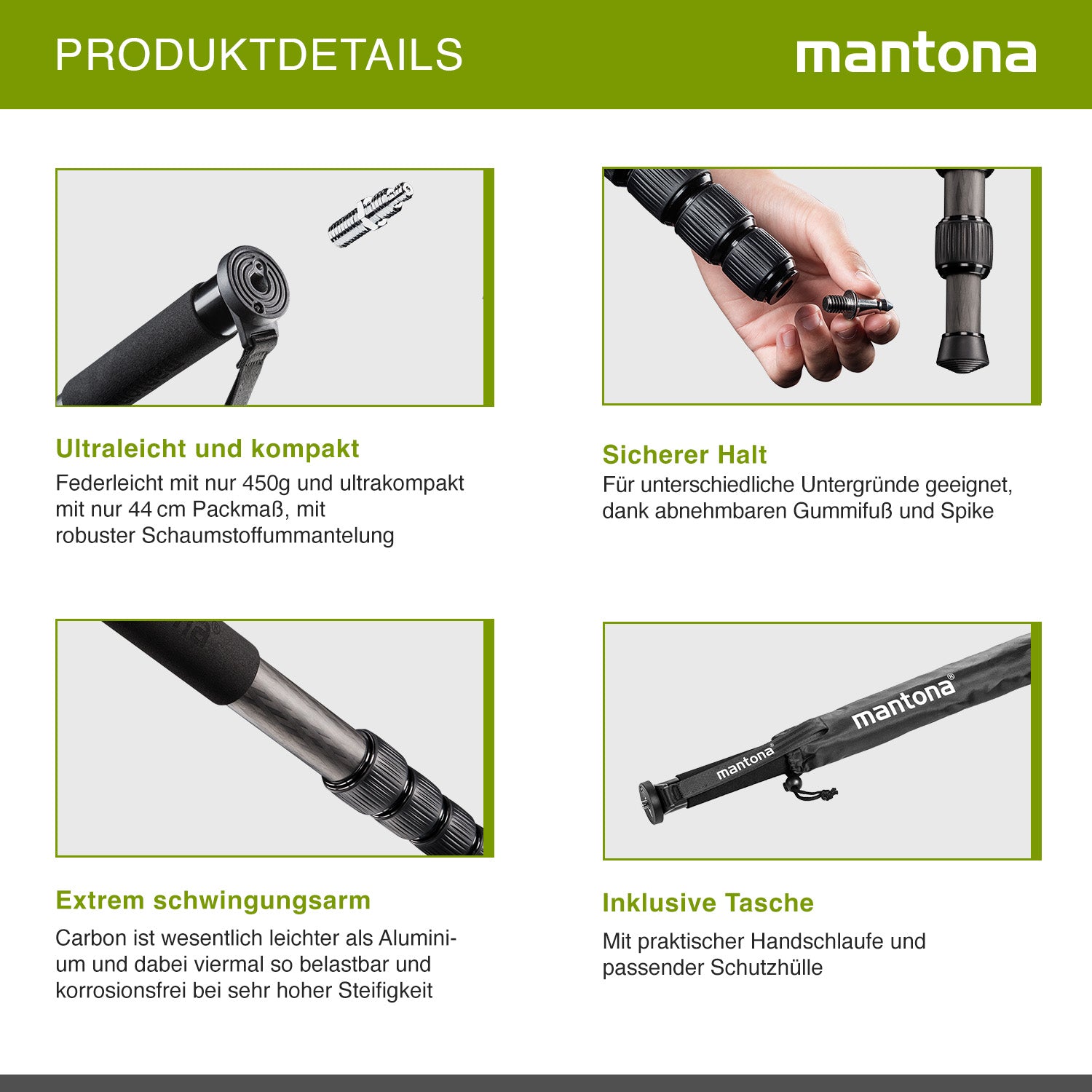 mantona Pro One monopiede in fibra di carbonio ultraleggera I altezza regolabile da 44 cm a 165 cm I pratico rivestimento in schiuma e cinghia da polso con accessori I colore: nero