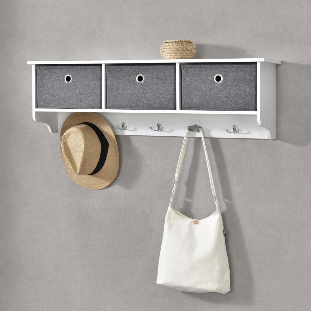 Appendiabiti da Parete con 5 Ganci, Piano di Appoggio e 3 Scatole Portaoggetti - Attaccapanni da Muro (AxLaxP) 30x100x20 cm Struttura Bianca + 3 Contenitori in Tessuto Grigio
