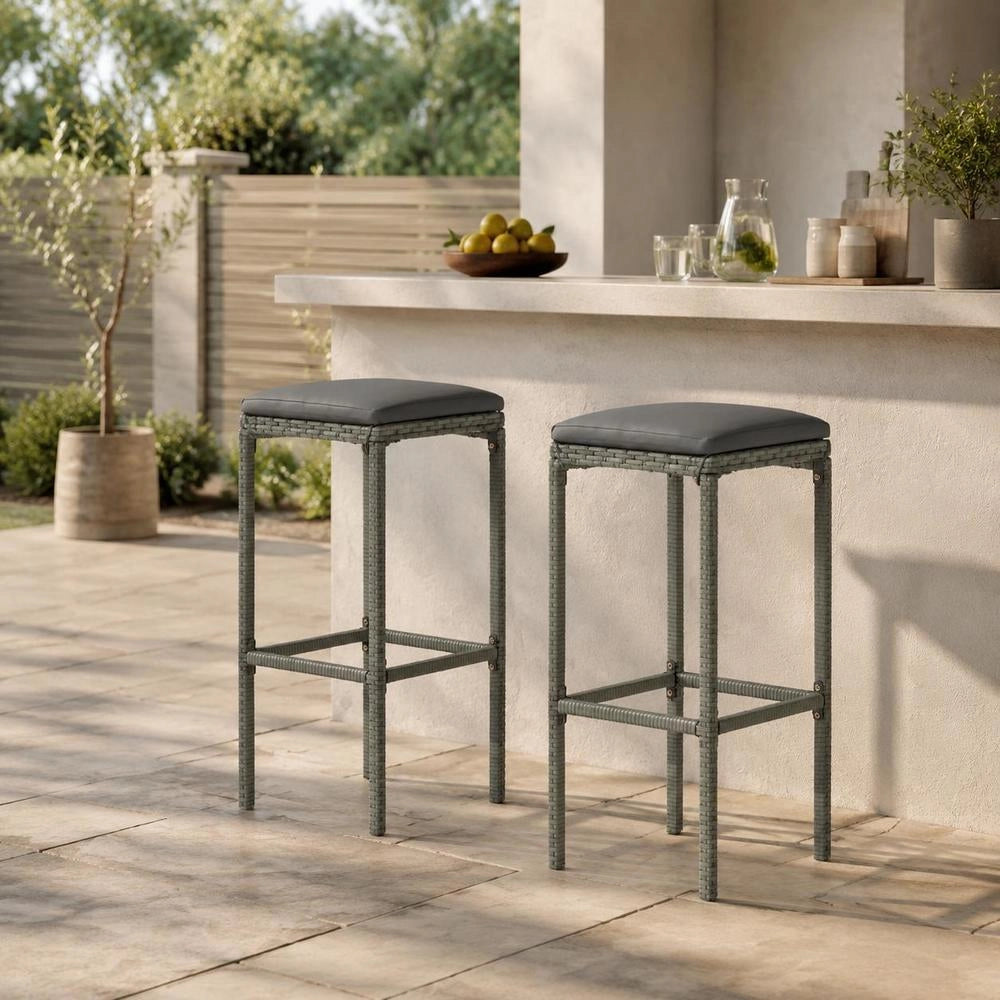 Bar Stools With Cushions, 2 Pieces, Grey Poly Rattan