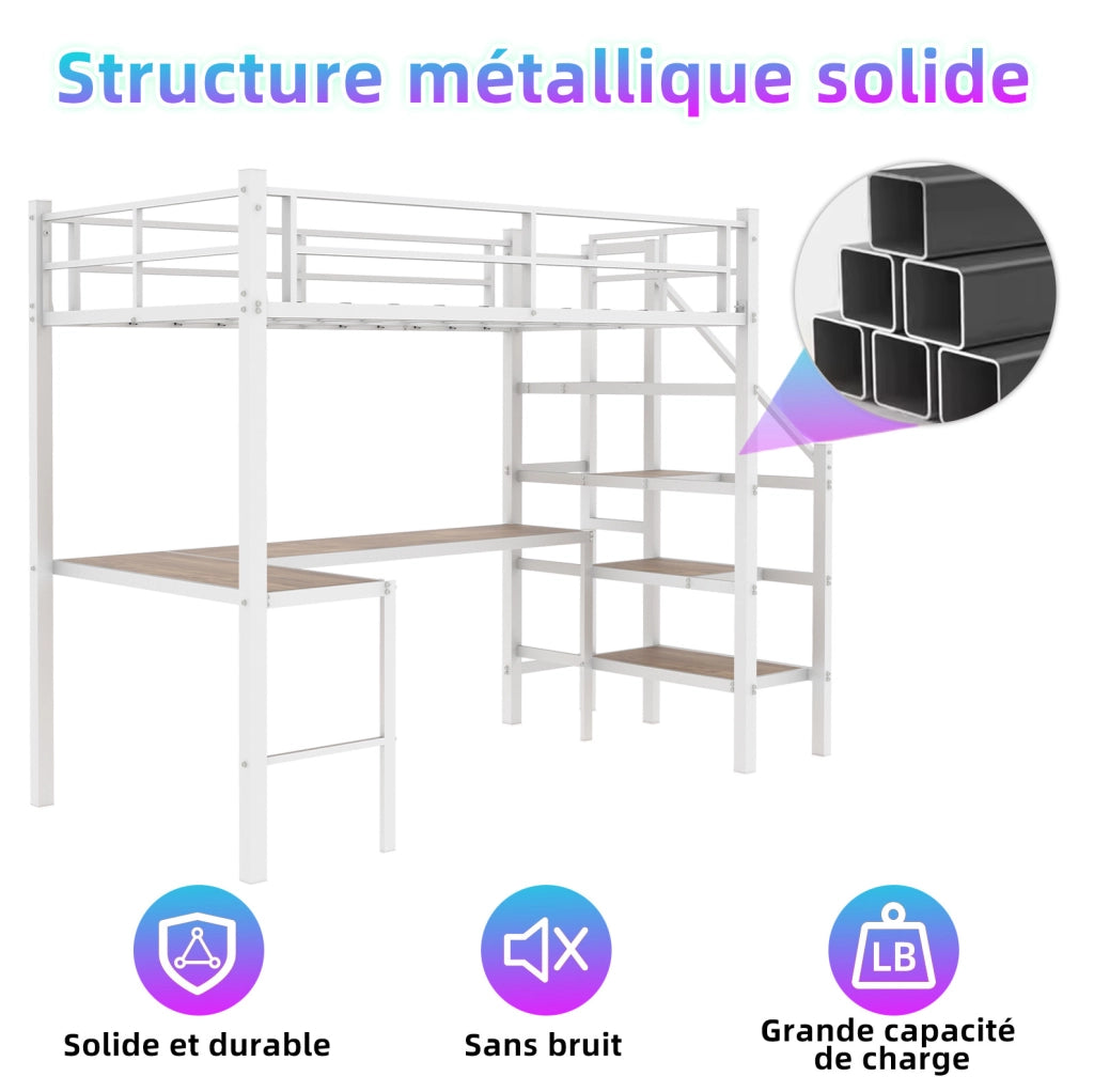 Letto a soppalco con scrivania a L da 90x190 cm e ampio spazio di stoccaggio