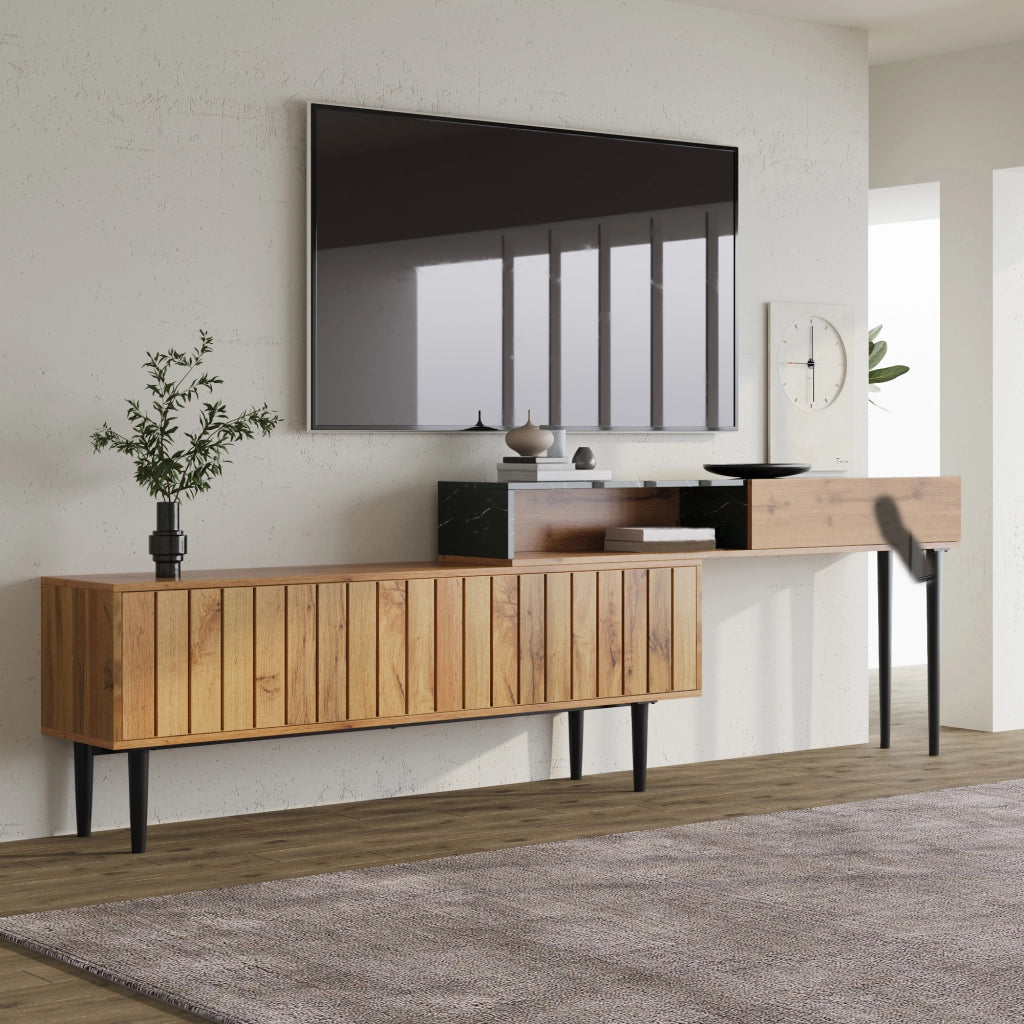 Mobile TV con Design in Marmo e Legno ¨C MINIMAL ¨C Gambe in Metallo, Nero