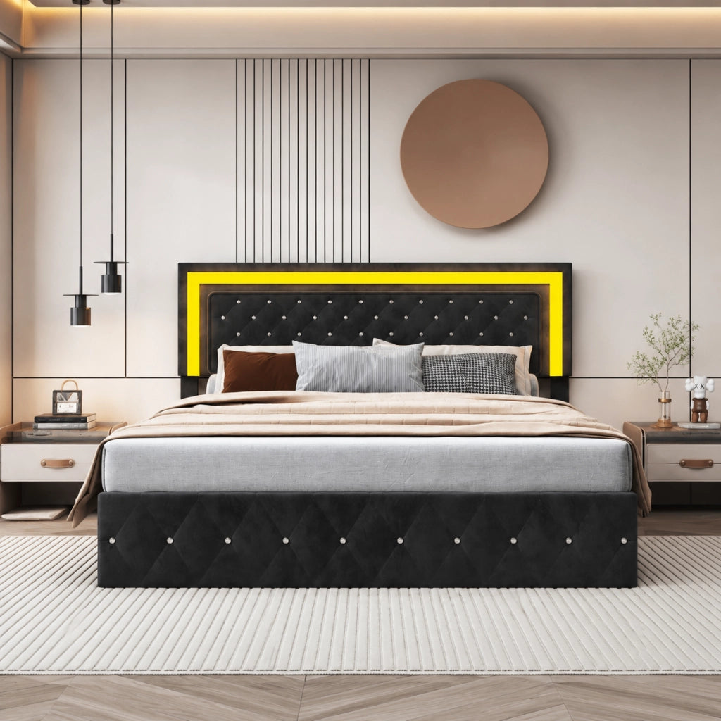 Letto con vano contenitore idraulico 160x200cm, rivestimento velluto nero, testiera trapuntata LED RGB controllabile da telecomando