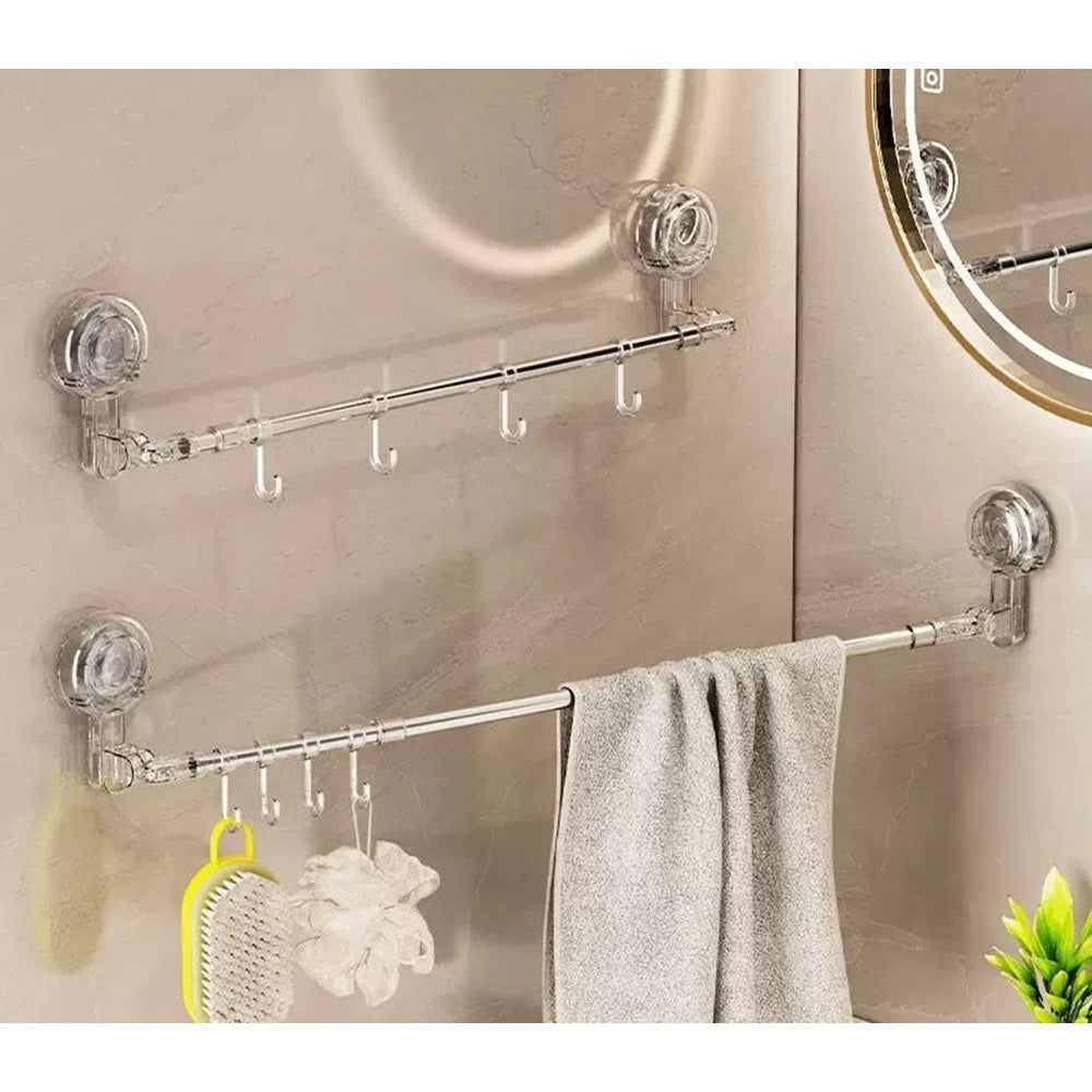 Trade Shop - Bastone Telescopico Regolabile 76-135cm A Ventosa Da Parete Con Ganci Rotazione A 180° -