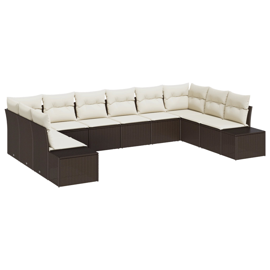Set divani da giardino con 10 pezzi e cuscini marroni in rattan