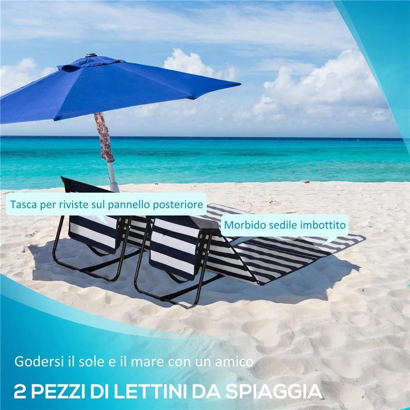 SET 2 SDRAIO DA SPIAGGIA PIEGHEVOLI E REGOLABILI CON TASCA IN ACCIAIO E POLIESTERE 142X51X40 CM MULTICOLORE