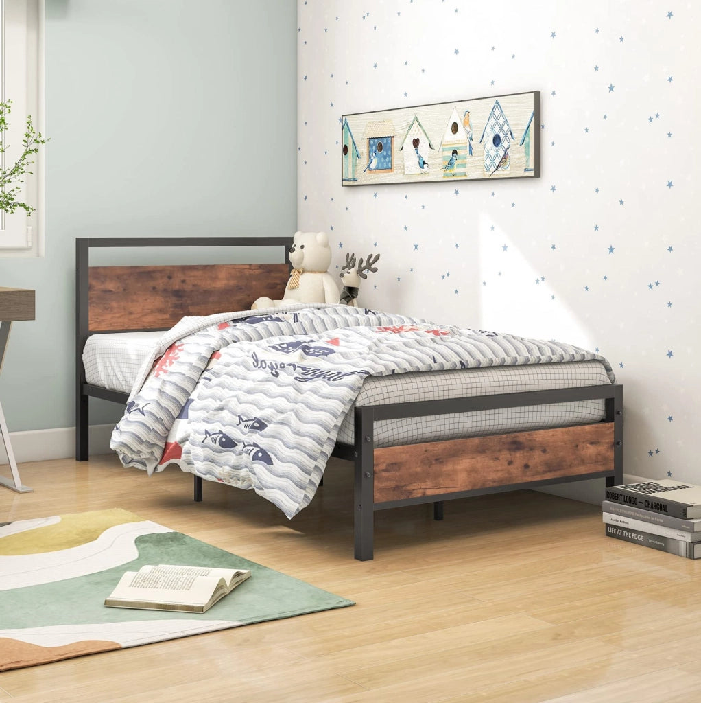 Letto singolo 90x200 cm in metallo e MDF con rete a doghe
