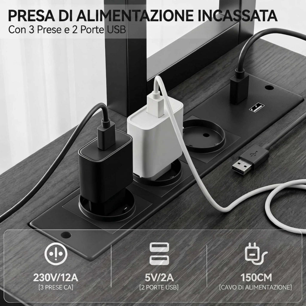 Scrivania per PC a L, scrivania da gaming, prese integrate, doppio ripiano portaoggetti, RGB, design reversibile, grigio