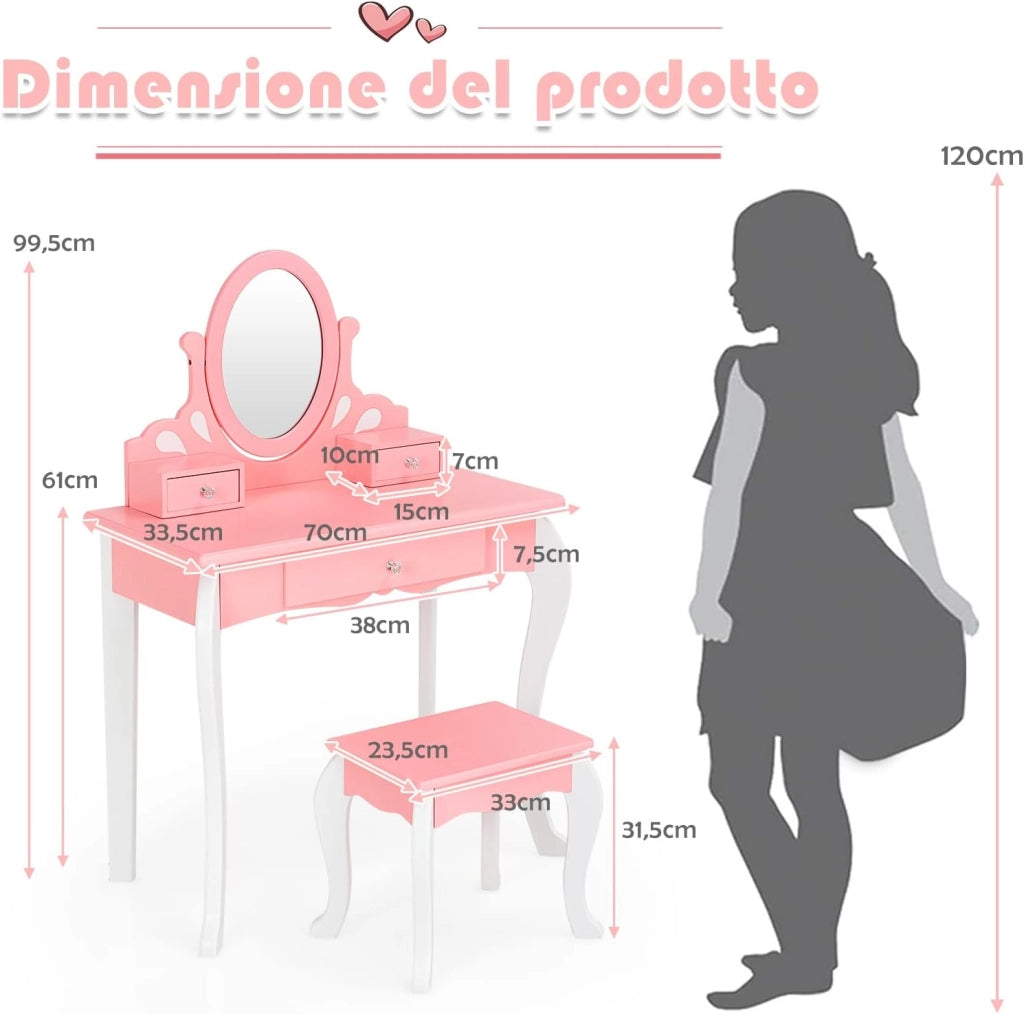 Toeletta Trucco con Sgabello per Bambini, Toeletta Trucco Bambina con Specchio Girevole a 360° e 3 Cassetti, 2-in-1 Postazione Trucco, 3+ Anni (Rosa)