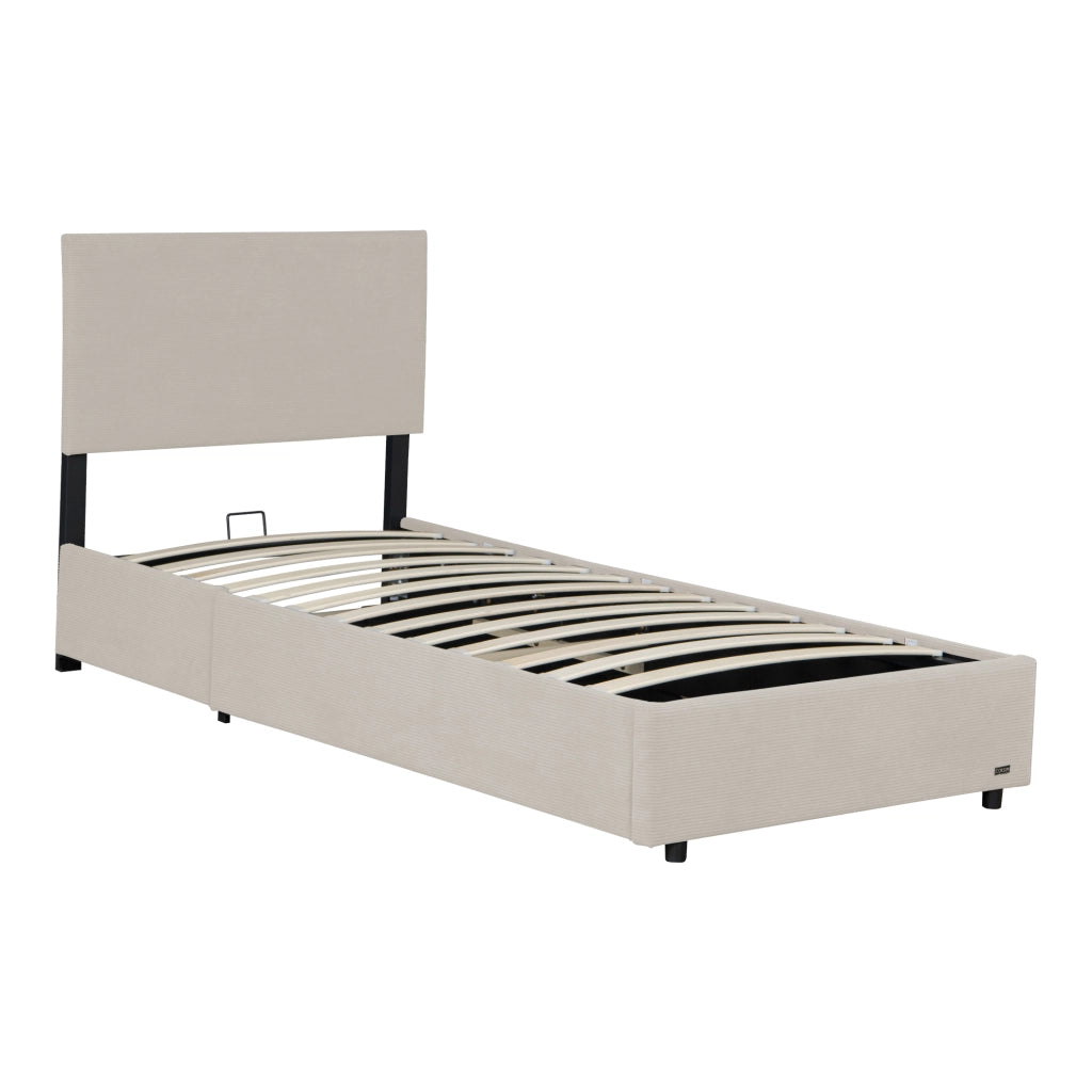 Letto Contenitore Juva con Apertura a Ribalta Letto Singolo 90x200 cm Velluto a Coste Beige Corium
