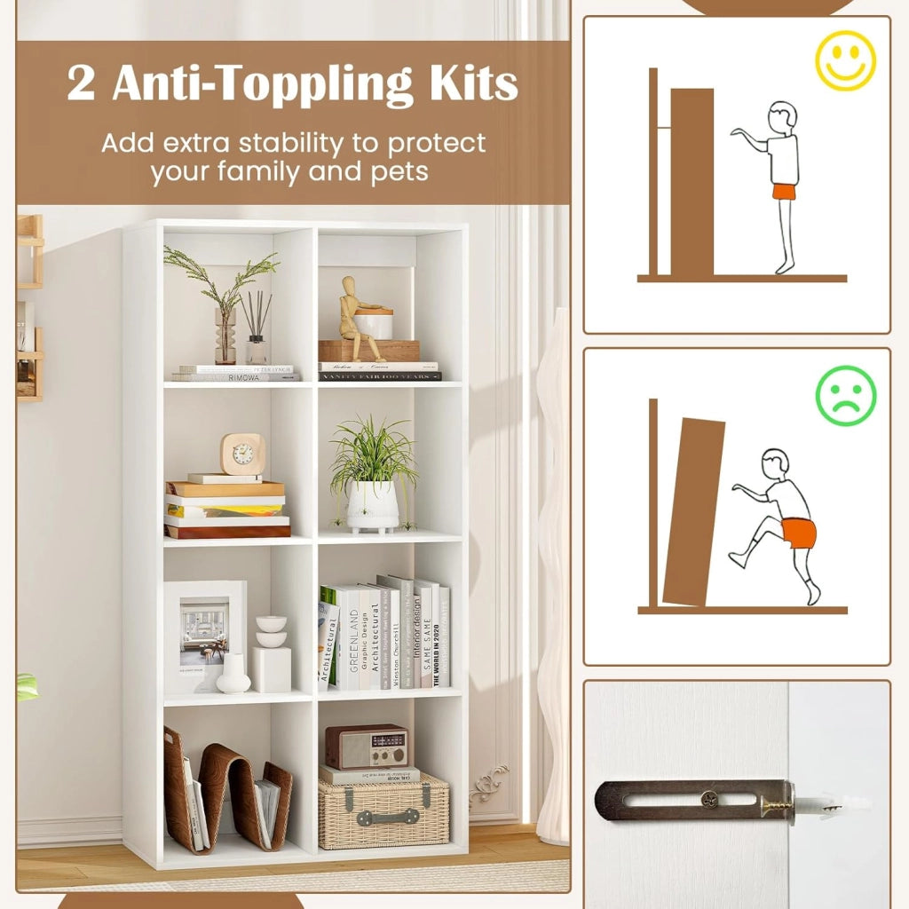 Libreria a 8 cubi, scaffale per libri modulare con cubi aperti, organizzatore di stoccaggio con kit antiribaltamento, 69,5 x 33 x 137 cm, mobile per soggiorno, ufficio, camera da letto