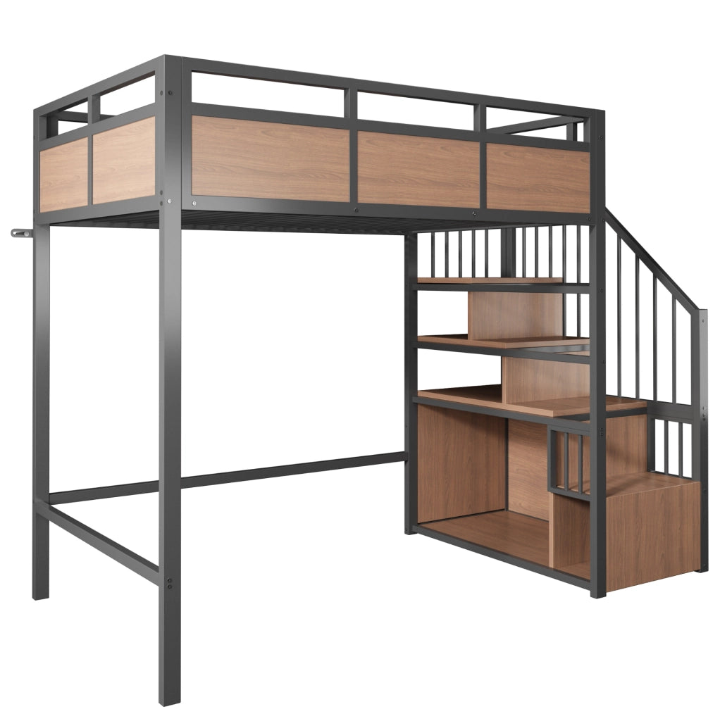 Letto a soppalco in metallo 90x200 cm con LED; scala contenitore e protezioni alte; nero