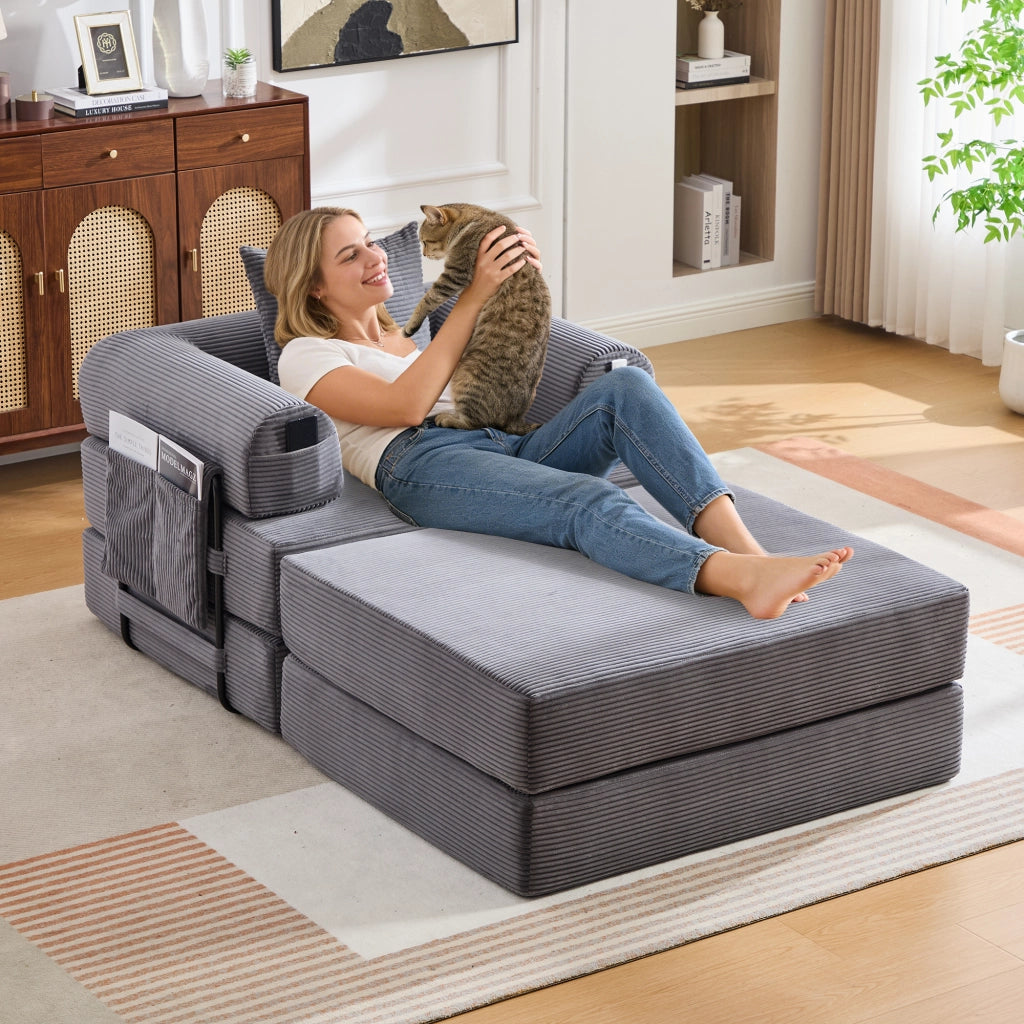 Poltrona modulare con pouf, con tasca laterale, in velluto a coste, Grigio scuro