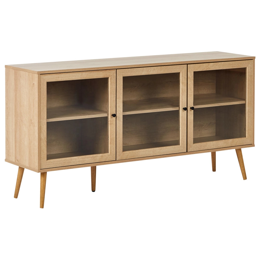 Credenza a 3 ante in truciolato marrone chiaro, gambe in legno di pino 2 ripiani con vetro frontale Stile minimalista