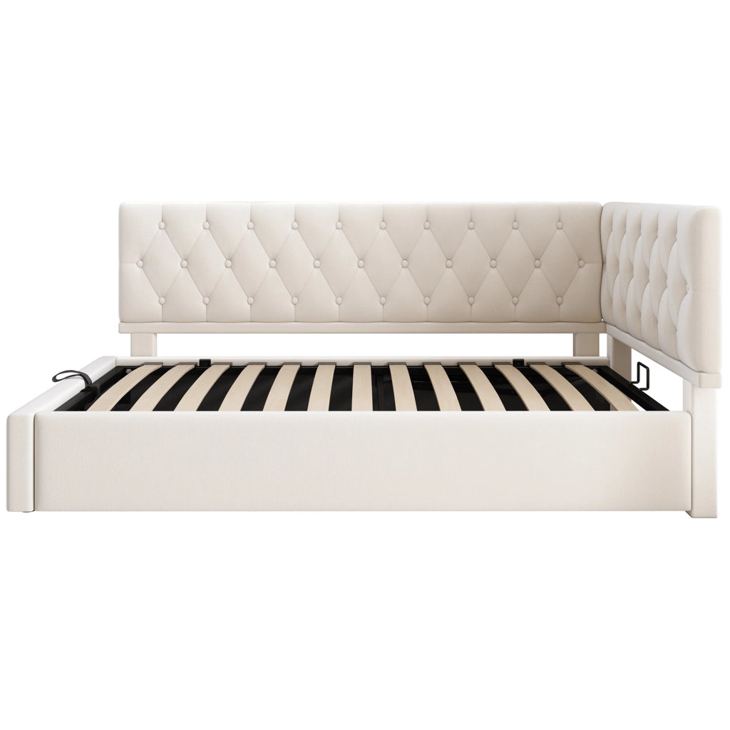 Letto imbottito 90x200 cm in velluto beige con contenitore idraulico, struttura in metallo, senza materasso