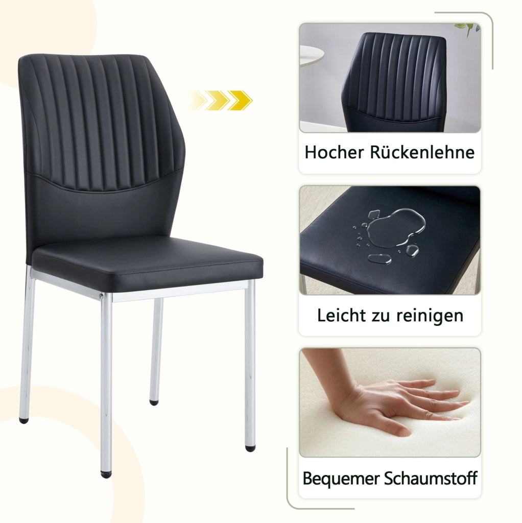 Set di 4 sedie da pranzo moderne in PU nero con gambe in metallo argento; altezza 93 cm