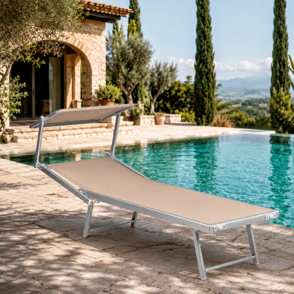 Lettino Prendisole Pieghevole Professionale In Alluminio E Tessuto Textilene Tettuccio Orientabile Tettino Parasole Sdraio Prendi Sole Mare Spiaggia Piscina Giardino 182 x 60 x 38 cm Beige