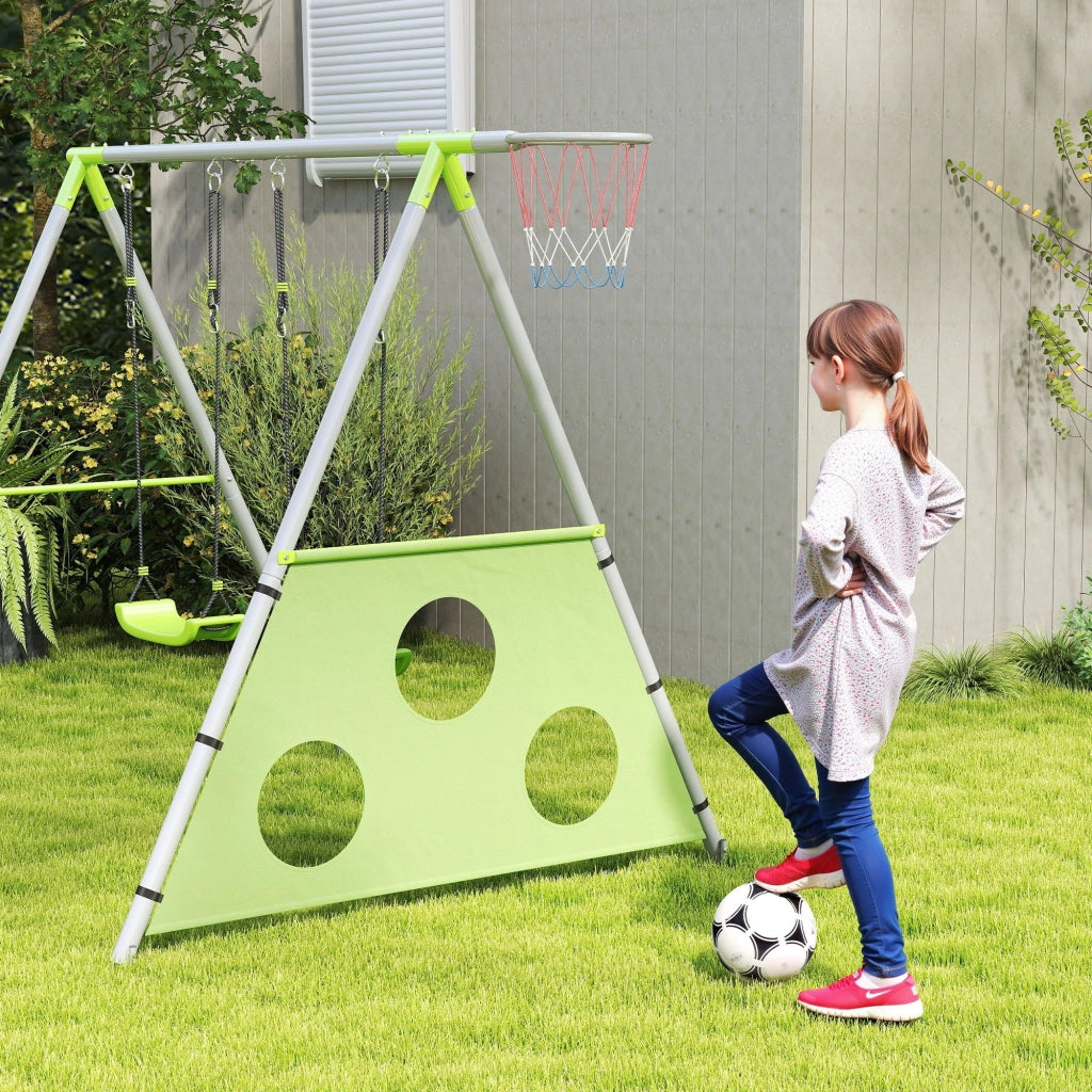 Gioco per Bambini 3 in 1 238x180x182 cm con 2 Altalene Canestro e Porta da Calcio Verde e Grigio