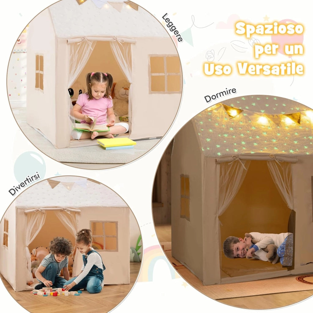 Tenda Casetta per Bambini con Tetto Stellato Luminoso nel Buio, Tenda per Bambini con Luci e Bandierine, Tenda da Gioco con Porta, 2 Finestre e Tappetino, per Interno ed Esterno (Beige)