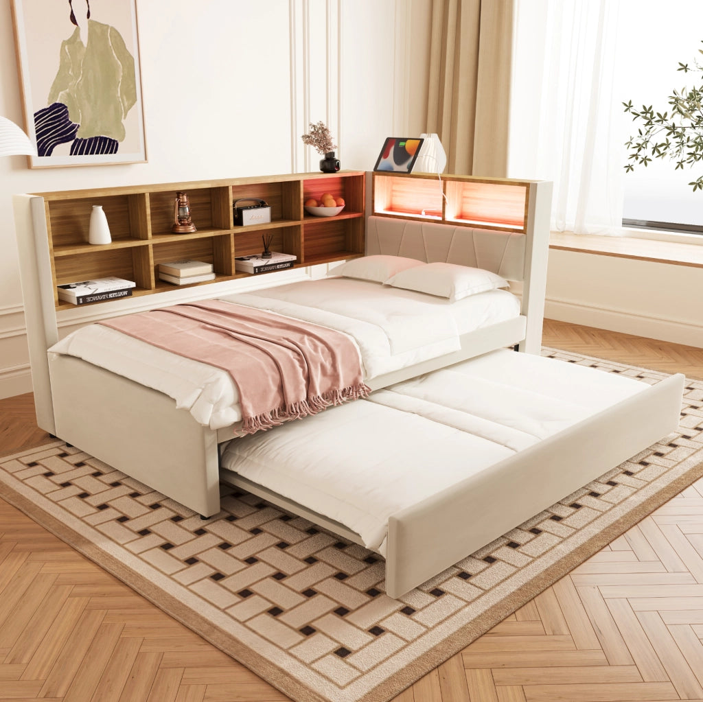 Divano letto 90x200 cm con letto estraibile 90x190 cm, LED e USB-C in flanella beige