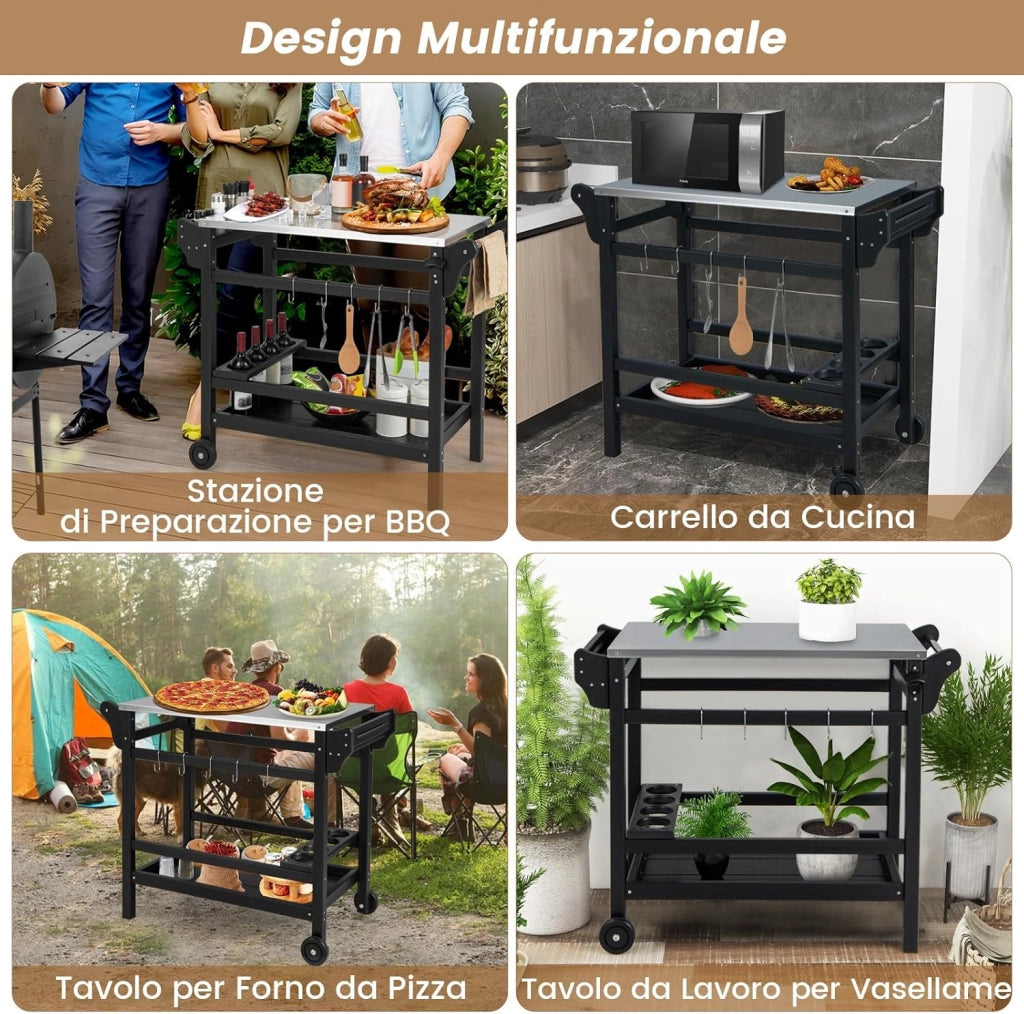 Carrello Barbecue da Esterno, Stand per Forno a Pizza con Piano in Acciaio Inox Vassoio e Portabottiglie, con Maniglia e Ruote per Cucina Giardino, Carico 150kg, 105x54x85 cm