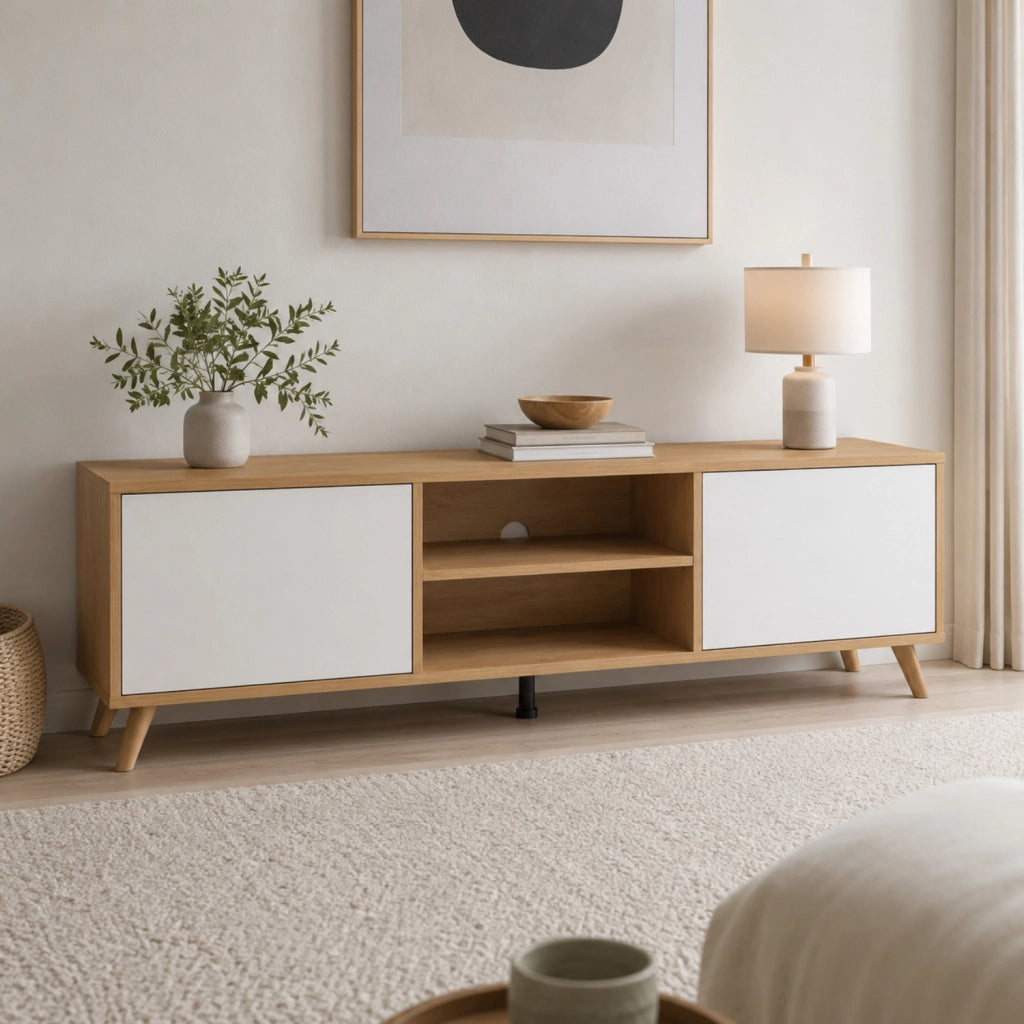 Mobile TV Contemporaneo Con 2 Ante Battenti Ripiani Centrali Aperti Gambe Design Scandinavo Per Televisori Fino A 75 Pollici 180 X 39,6 X 49 Cm Bianco E Rovere