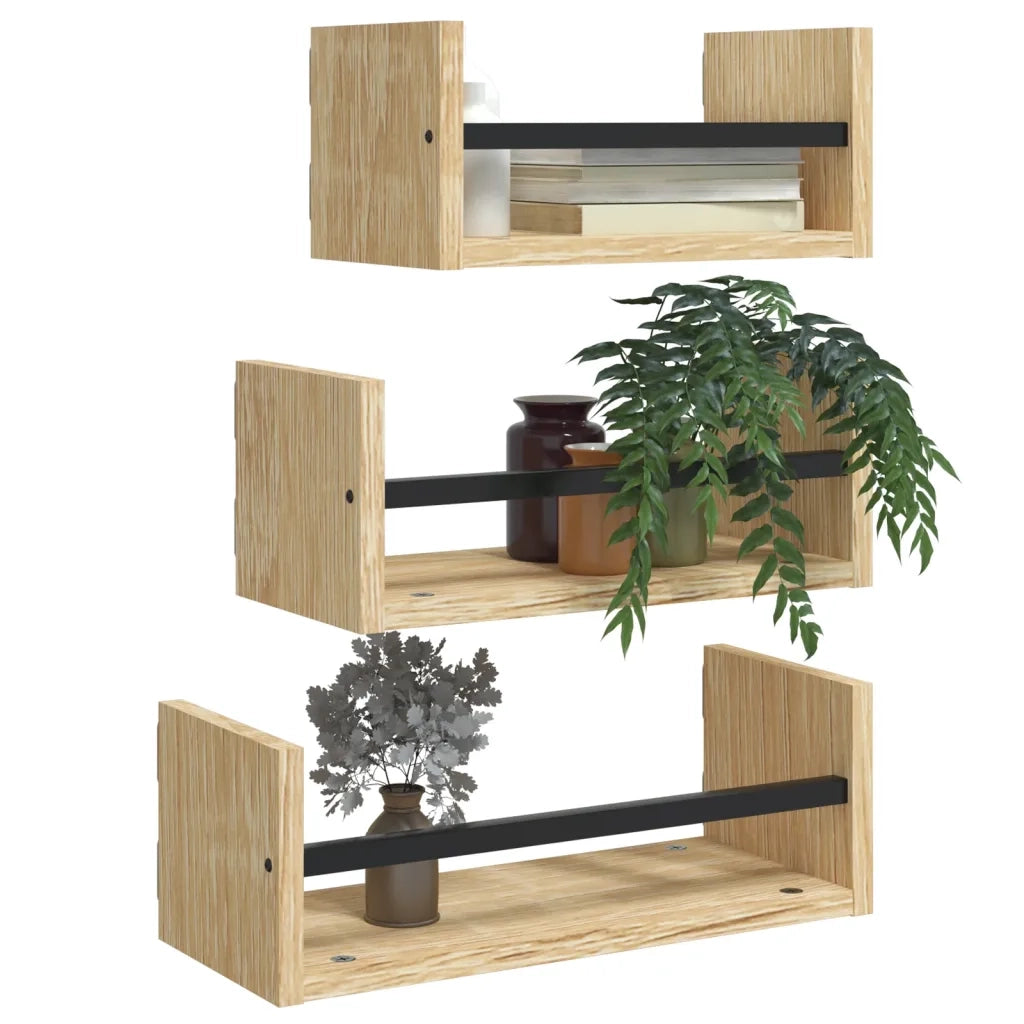 Set di 3 mensole da parete con barre in rovere Sonoma, legno ingegnerizzato 835445