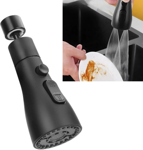 Estensione per rubinetto cucina - Sparatore girevole con 3 funzioni - Sparatore sostituibile per rubinetto cucina - Connesione meccanica all'asta del rubinetto - 5*5*14,5 cm - Per la pulizia del piano cottura - Nero