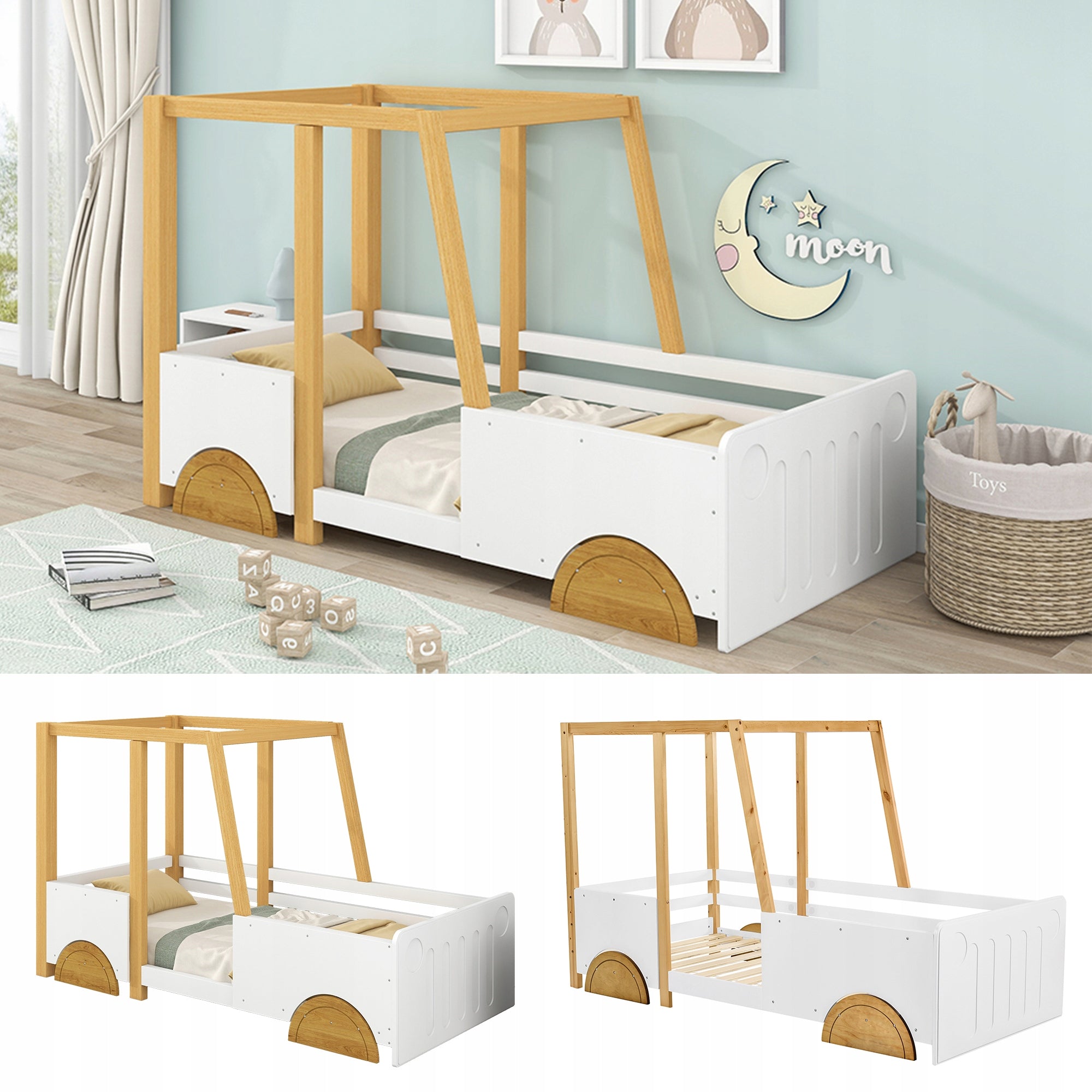 Letto a forma di auto per bambini - Xylo - 90x200 cm - Bianco e Naturale