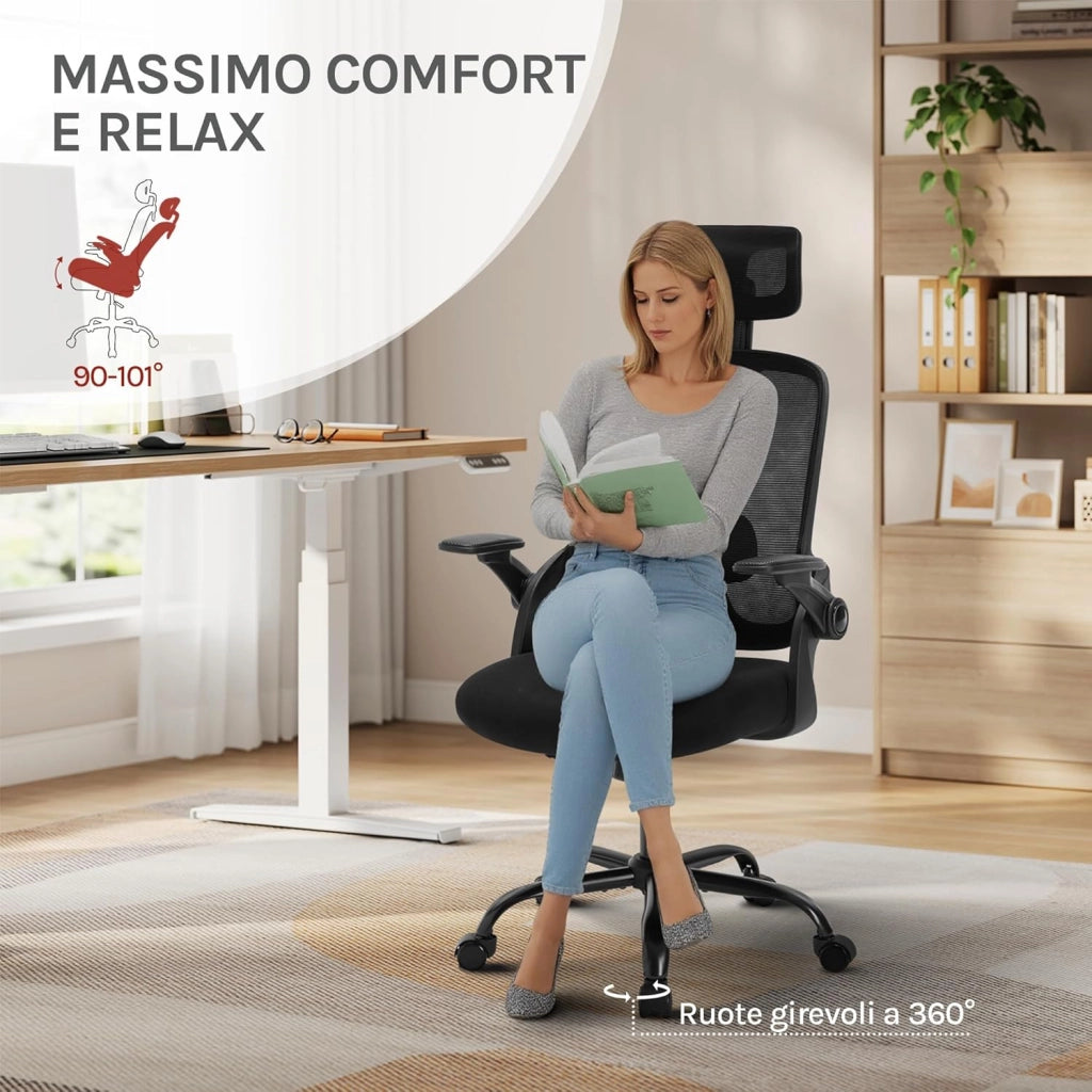 Sedia Ufficio Ergonomica con Poggiatesta e Braccioli Regolabili, Supporto Lombare, Poltrona Scrivania Girevole in Rete Traspirante Funzione Dondolo, Nero