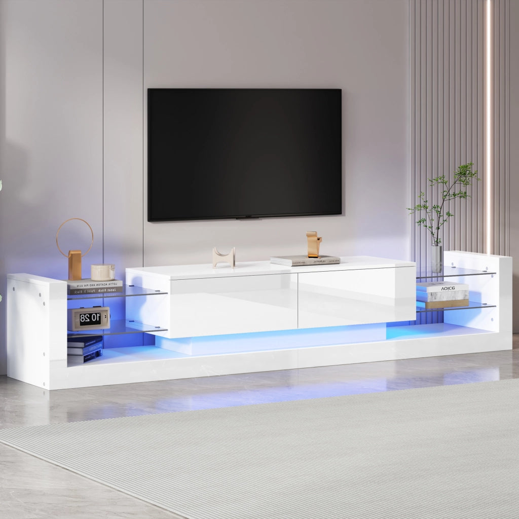OKWISH Mobile TV con 2 Cassetti a Ribalta e LED, Frontale in Vetro Finitura Lucida, per Soggiorno, 181 × 38 × 38 cm