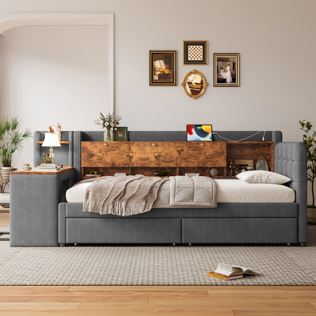 Letto singolo 90×200 cm con 2 cassetti; scrivania; USB e type-c; vano ribaltabile; senza materasso; lino; grigio