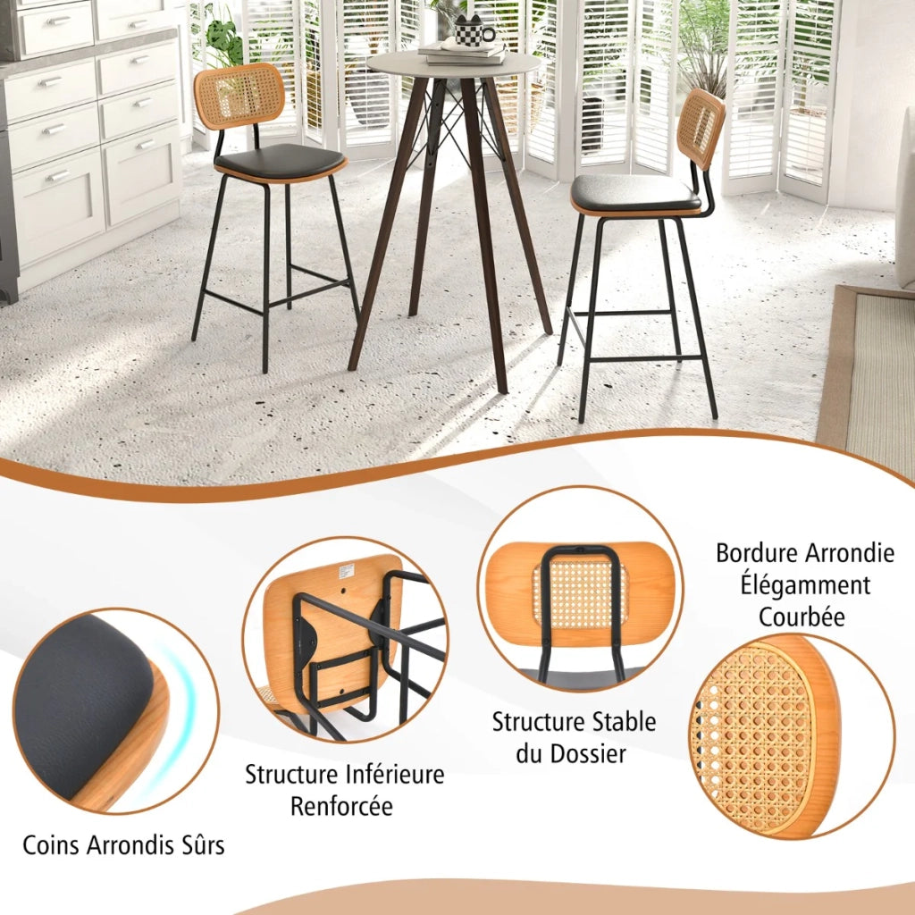 Set di 2 sgabelli da bar in rattan 45 x 45 x 94 cm schienale ergonomico design moderno metallo nero 20_0020164