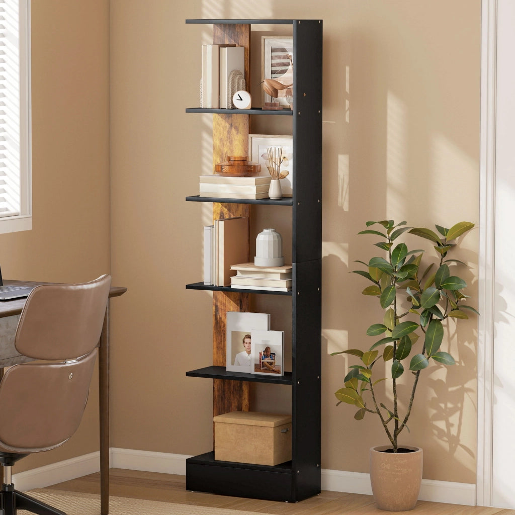 Libreria Moderna Salvaspazio a 5 Ripiani in Legno 45x21x170 cm, Marrone e Nero