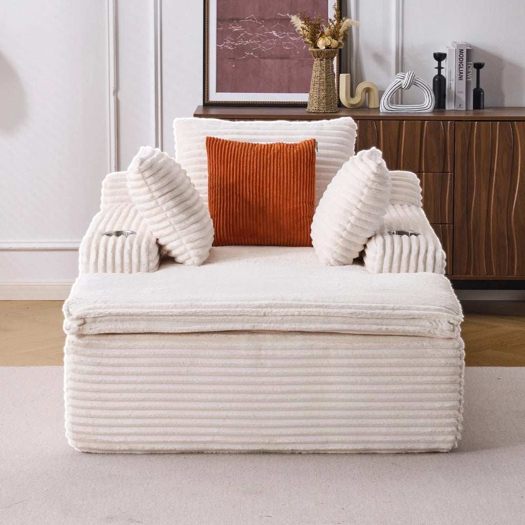 Divano convertibile senza struttura con chaise longue in velluto a coste con 3 cuscini e portabicchieri beige