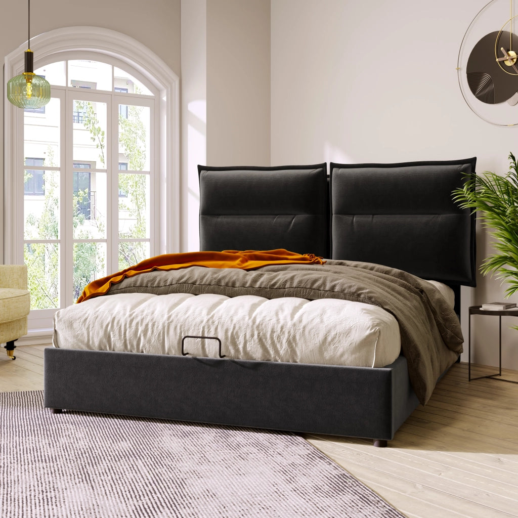 Letto Contenitore 140 x 200 cm; Letto Matrimoniale con Testiera Regolabile e Vano Contenitore; senza Materasso; Nero