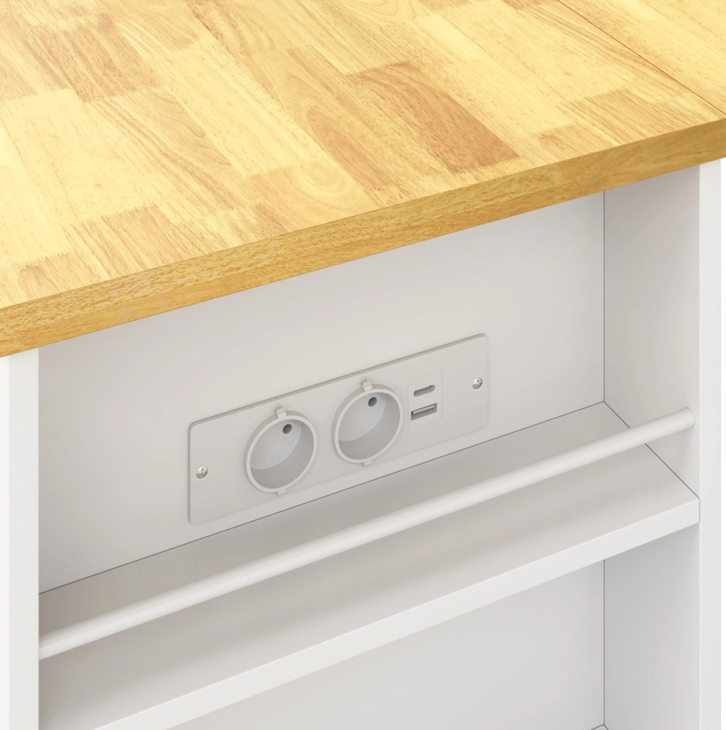 Isola cucina mobile in MDF con piano pieghevole, prese USB, cassetti e ripiani